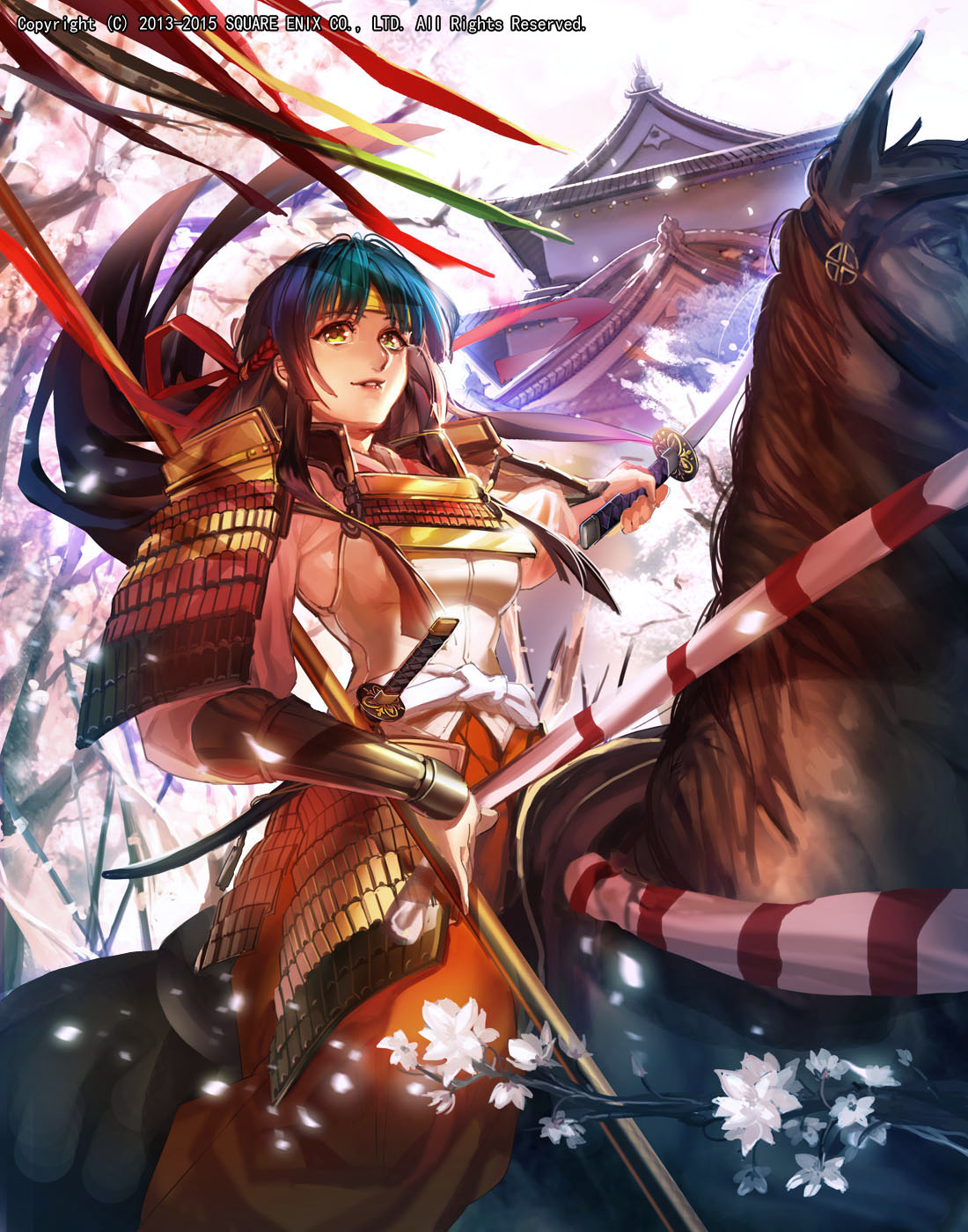 1girl architecture armor black_hair blouse cherry_blossoms east_asian_architecture emperors_saga headband highres holding holding_sword holding_weapon horse horseback_riding japanese_armor katana kusazuri liduke long_sleeves looking_at_viewer official_art parted_lips riding scabbard sheath smile solo sword vambraces watermark weapon yellow_eyes