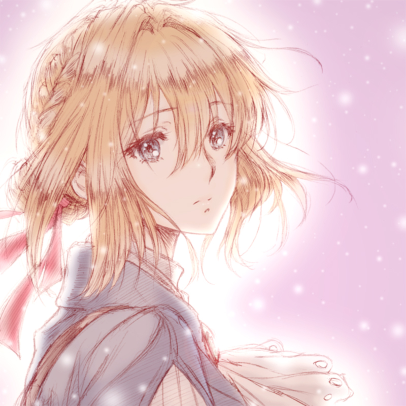 1girl bangs blonde_hair blue_dress blue_eyes blue_jacket braid cravat dress hair_intakes hair_ribbon jacket ribbon simple_background solo violet_evergarden violet_evergarden_(character)