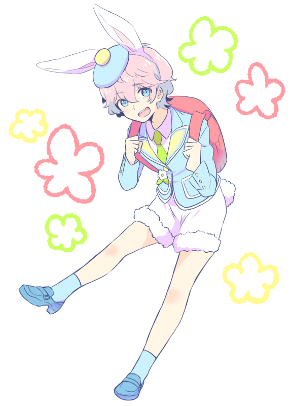 20day_cc :d akita_toushirou animal_ears backpack bag blue_eyes blue_footwear blue_hat blue_jacket blue_legwear bunny_tail full_body green_neckwear hat jacket looking_at_viewer male_focus open_mouth pink_hair rabbit_ears smile socks tail touken_ranbu