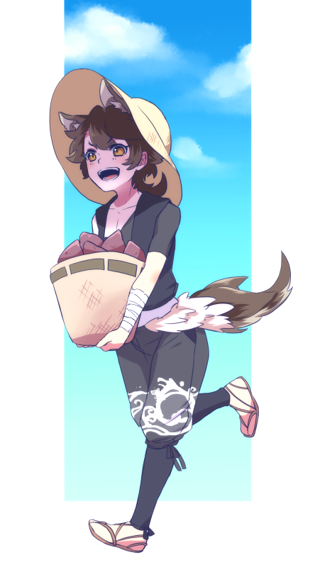 20day_cc :d animal_ears basket blue_sky brown_eyes brown_hair day dog_ears dog_tail hat holding_basket japanese_clothes male_focus medium_hair mutsu-no-kami_yoshiyuki open_mouth outdoors running sandals sky smile sun_hat tail touken_ranbu