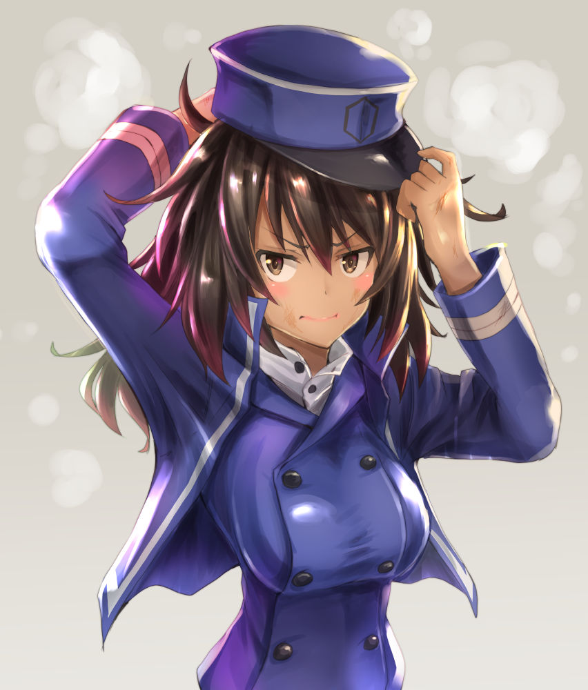 1girl adjusting_headwear andou_(girls_und_panzer) angry asahi_(fullmetal_madness) bc_freedom_military_uniform beige_background black_hair blue_jacket blue_vest breasts brown_eyes dark_skin dirty_face girls_und_panzer high_collar jacket large_breasts long_hair long_sleeves messy_hair shirt solo upper_body v-shaped_eyebrows vest white_shirt