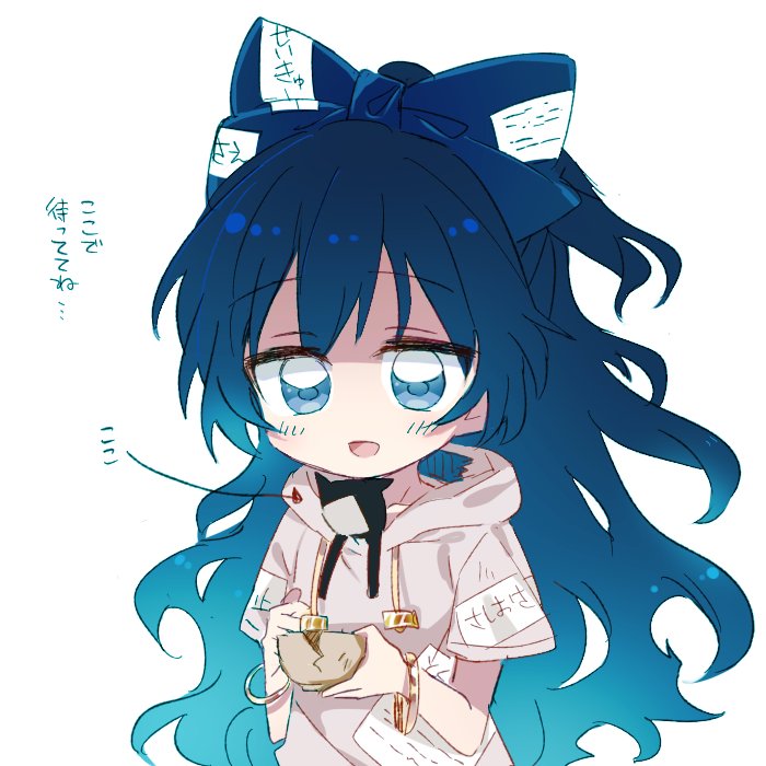 1girl blue_bow blue_eyes blue_hair bow bowl bracelet damaged debt hair_bow hood hoodie jewelry long_hair six_(fnrptal1010) solo stuffed_animal stuffed_cat stuffed_toy touhou translation_request yorigami_shion