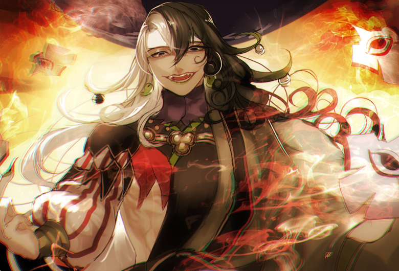 1boy ashiya_douman_(fate/grand_order) bell fate/grand_order fate_(series) jingle_bell long_hair looking_at_viewer male_focus multicolored_hair open_mouth smile solo two-tone_hair