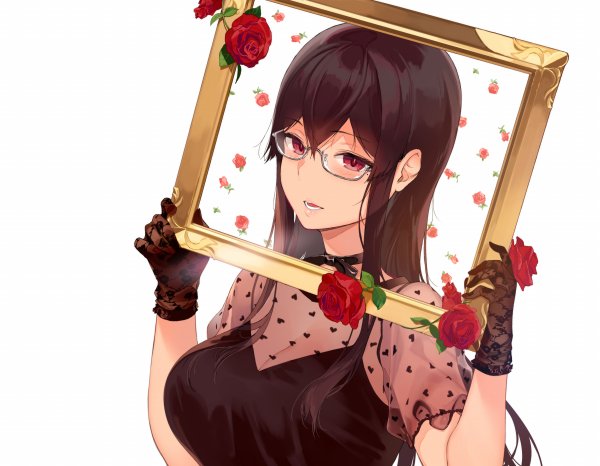 1girl :d black_dress black_gloves breasts brown_hair character_request cleavage dress flower gloves hands_up holding large_breasts open_mouth picture_frame puffy_short_sleeves puffy_sleeves red_eyes red_flower red_rose rose sasamori_tomoe see-through semi-rimless_eyewear short_sleeves simple_background smile solo succubus_stayed_life under-rim_eyewear upper_body white_background