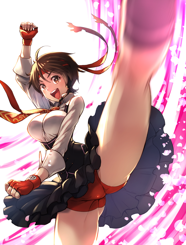 1girl ahoge arm_up breasts brown_eyes brown_hair clenched_hands commentary_request fingerless_gloves gloves headband high-waist_skirt kasugano_sakura kicking leg_up long_sleeves looking_at_viewer necktie open_mouth petals pov shirt shorts_under_skirt skirt smile solo street_fighter street_fighter_v tomoyohi white_background white_shirt