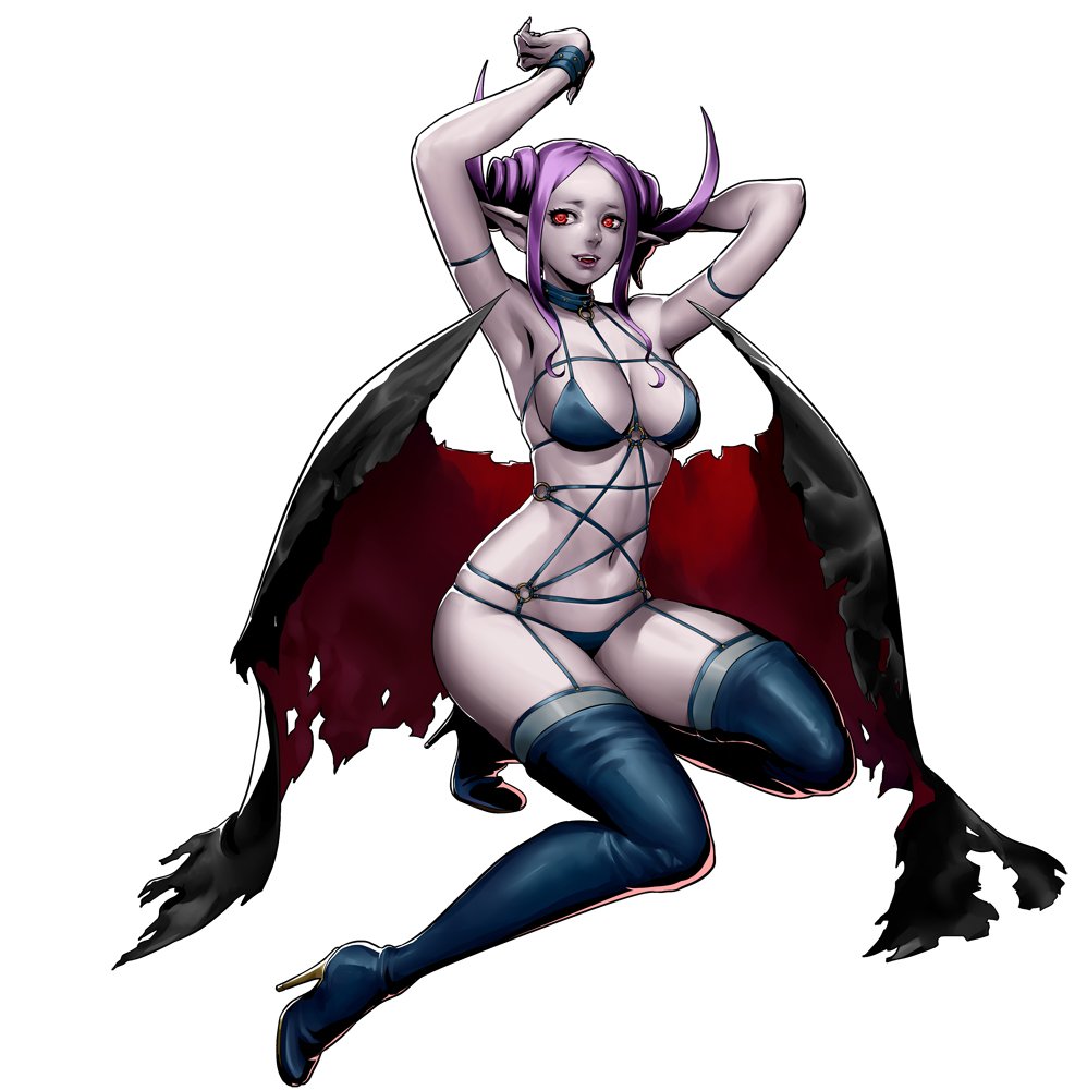 1girl agalia_(metal_slug) armpits arms_up bikini boots breasts cape choker daichan_mona drill_hair fangs garter_belt garter_straps garters high_heel_boots high_heels large_breasts metal_slug metal_slug_attack midriff navel official_art pale_skin pointy_ears purple_hair red_eyes solo swimsuit thigh-highs thigh_boots torn_cape vampire wristband