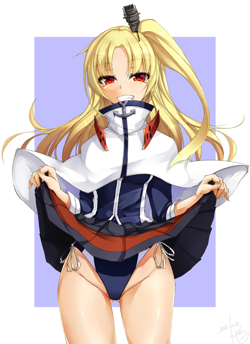 1girl azur_lane black_skirt blonde_hair capelet cleveland_(azur_lane) competition_swimsuit grin hair_ornament lifted_by_self long_hair looking_at_viewer one-piece_swimsuit one_side_up pleated_skirt red_eyes skirt skirt_lift smile solo swimsuit swimsuit_under_clothes tsuizi