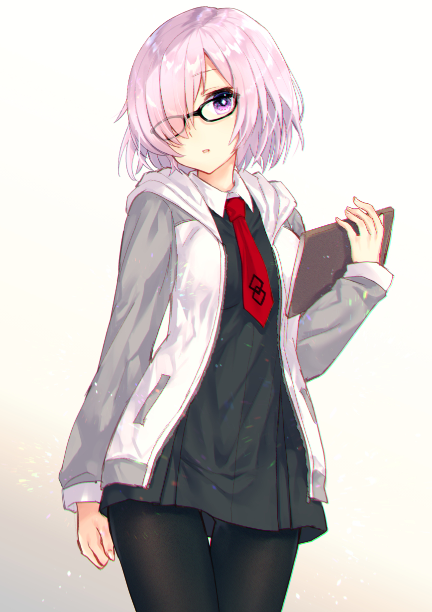1girl arm_at_side black-framed_eyewear black_dress black_legwear blush book cowboy_shot dress fate/grand_order fate_(series) glasses gradient gradient_background grey_background grey_jacket hair_over_one_eye head_tilt highres holding holding_book jacket long_sleeves looking_at_viewer mash_kyrielight necktie nunucco open_clothes open_jacket pantyhose parted_lips pink_hair red_neckwear shiny shiny_hair short_hair smile solo standing thigh_gap track_jacket violet_eyes