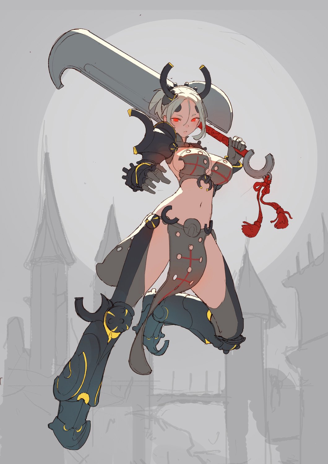 1girl :o armor bangs bikini_armor boots breasts commentary gauntlets grey_background grey_legwear highres holding holding_sword holding_weapon horns large_breasts looking_at_viewer navel original over_shoulder pauldrons pelvic_curtain ponytail red_eyes short_hair silver_hair solo sword thigh-highs thigh_boots tim_loechner unfinished weapon weapon_over_shoulder work_in_progress