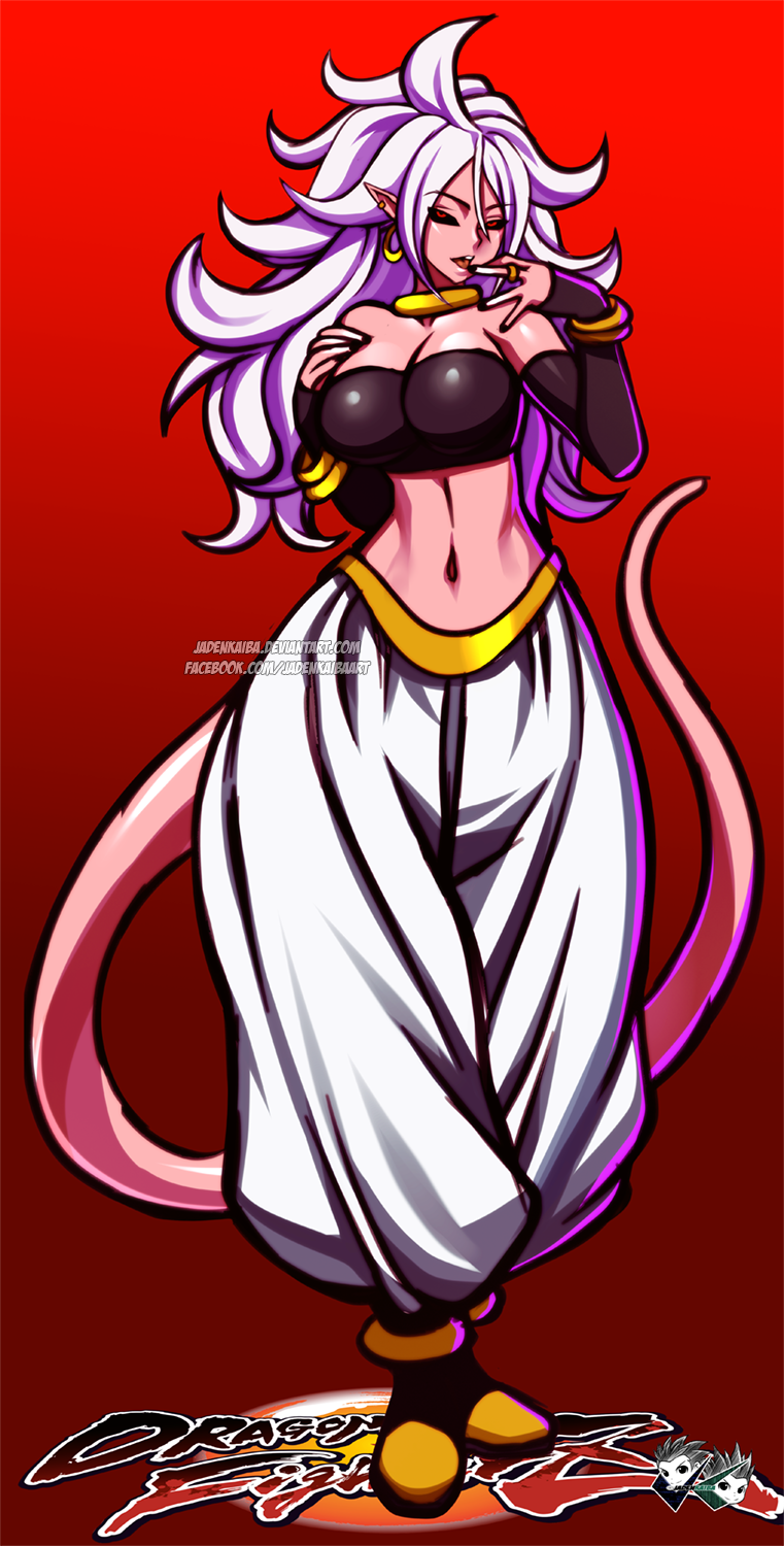 1girl alternate_form android_21 black_sclera bracelet breasts dragon_ball dragon_ball_fighterz earrings finger_to_mouth harem_pants highres hoop_earrings jadenkaiba jewelry lavender_hair majin_android_21 monster_girl navel open_mouth pants pink_skin pointy_ears red_eyes solo spoilers stomach tail tongue tongue_out