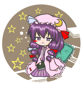 book chibi cushion hat lowres nagamo_sakana patchouli_knowledge purple_eyes purple_hair star touhou violet_eyes