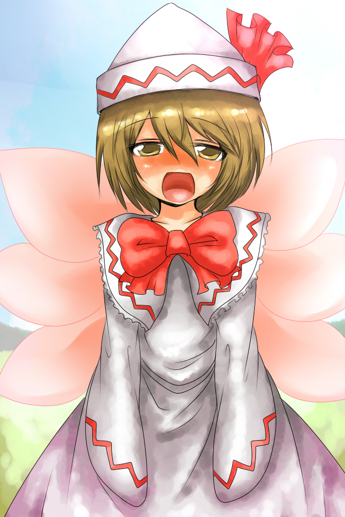 1girl blonde_hair brown_eyes cosplay face harusame_(unmei_no_ikasumi) hat lily_white lily_white_(cosplay) lunasa_prismriver open_mouth ribbon short_hair solo touhou wings yellow_eyes