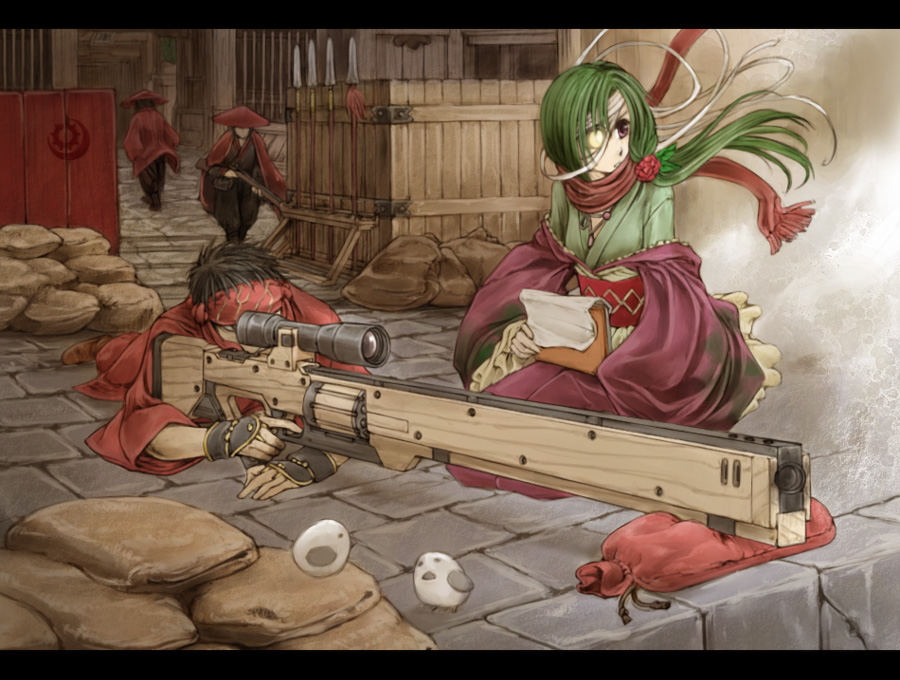 bandage bandages bird cervus green_hair gun letterboxed on_stomach pixiv pixiv_fantasia pixiv_fantasia_3 rifle sandbag scarf sniper_rifle sniper_team weapon