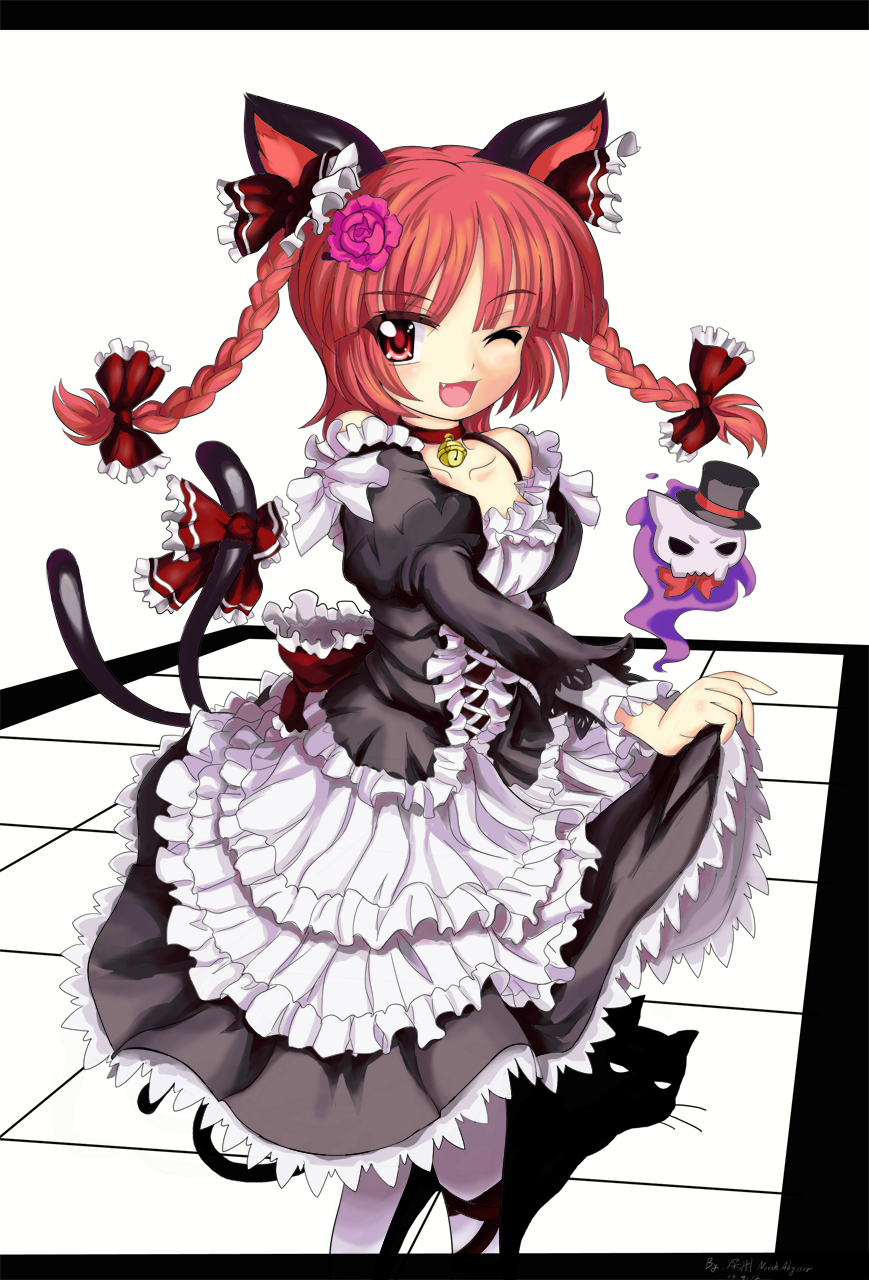 abyss_of_parliament alternate_hairstyle animal_ears bangs bell blunt_bangs braid cat_ears cat_skull cat_tail choker dress dress_lift fang flower frills gathers gothic_lolita hair_flower hair_ornament hair_ribbon hat highres jingle_bell kaenbyou_rin letterboxed lolita_fashion north_abyssor open_mouth pantyhose red_eyes red_hair redhead ribbon shadow short_hair smile tail tail_bow top_hat touhou twin_braids twintails wink