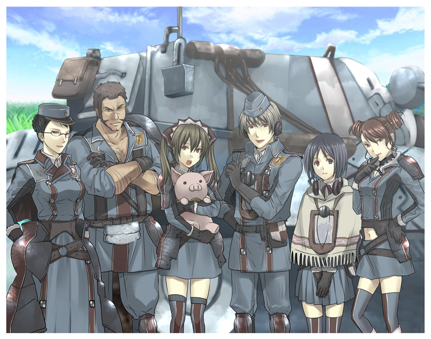 alicia_melchiott brigitte_stark eleanor_varrot hans isara_gunther largo_potter military military_uniform military_vehicle pig porcavian senjou_no_valkyria senjou_no_valkyria_1 tank thighhighs uniform vehicle welkin_gunther