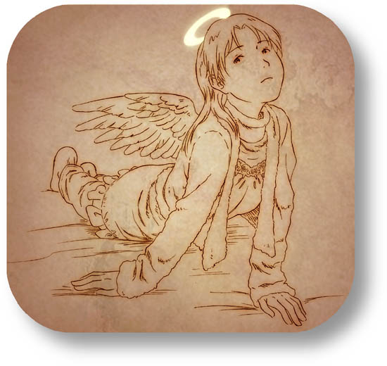 angel angel_wings brown coat haibane_renmei halo lying monochrome nemu on_front on_stomach r_kampfgruppe rounded_corners wings