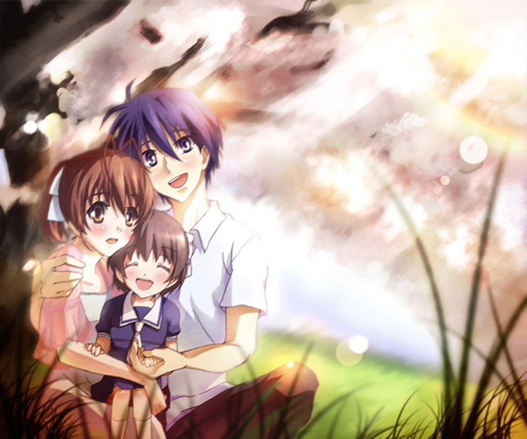 blue_hair brown_eyes brown_hair clannad closed_eyes family furukawa_nagisa husband_and_wife kuro_haruka&#9319; kuro_haruka? nature okazaki_tomoya okazaki_ushio ponytail sailor_dress school_uniform short_hair