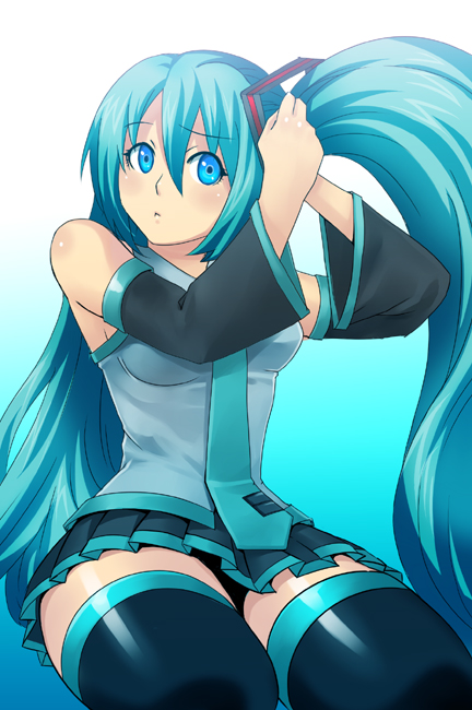 1girl adjusting_hair aqua_hair blue_eyes detached_sleeves hatsune_miku ism_(inc) long_hair necktie skirt thigh-highs thighhighs twintails vocaloid zettai_ryouiki