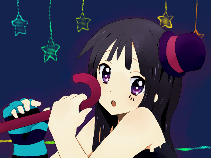 1girl akiyama_mio bad_id bangs bare_shoulders black_hair blunt_bangs cane don't_say_"lazy" don't_say_lazy dress face_paint facepaint fingerless_gloves gloves hat hime_cut k-on! long_hair mini_top_hat purple_eyes solo striped striped_gloves tooi top_hat violet_eyes