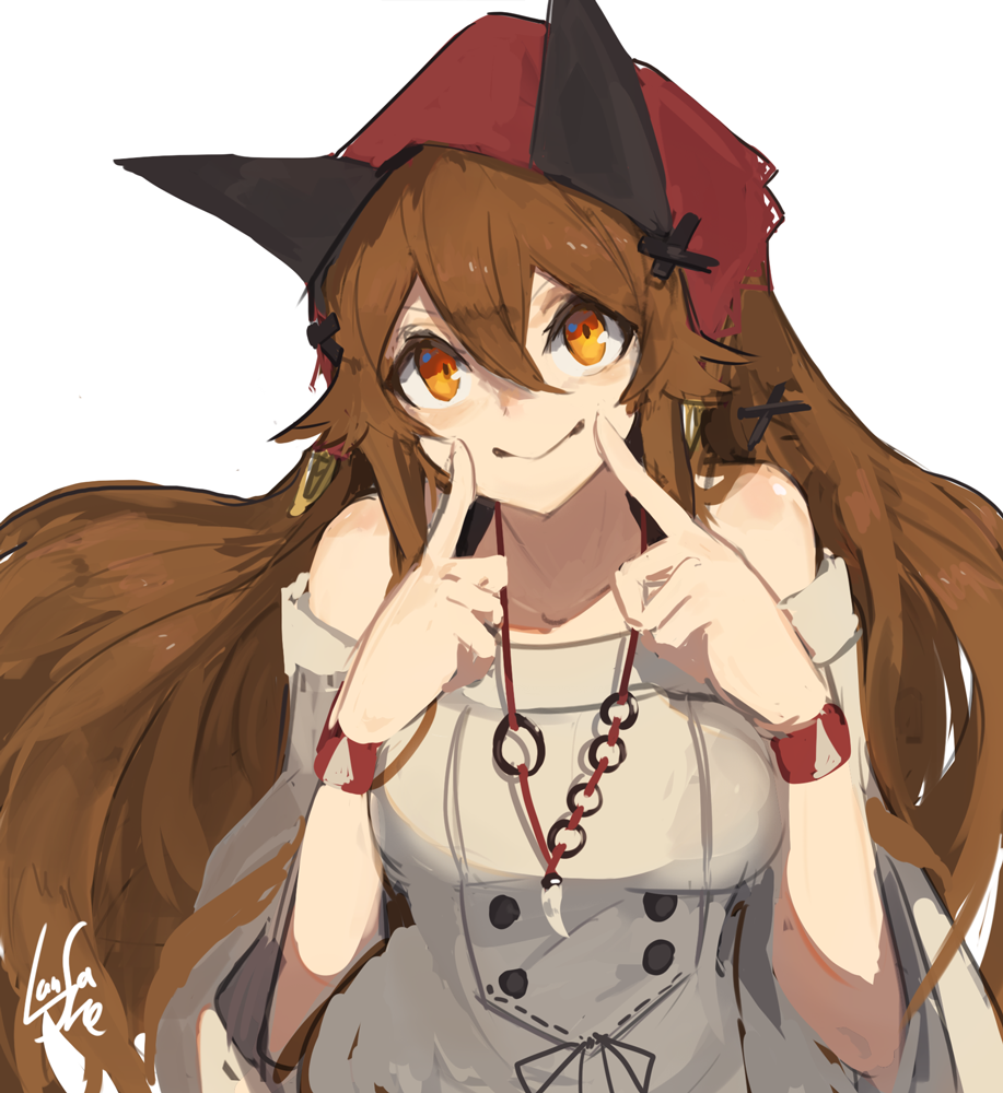 1girl animal_ears bare_shoulders brown_hair closed_mouth dress grey_dress hair_between_eyes hands_up index_finger_raised lansane long_hair looking_at_viewer orange_eyes original signature simple_background smile solo tooth_necklace tsana_(lansane) upper_body v-shaped_eyebrows white_background wolf_ears wristband