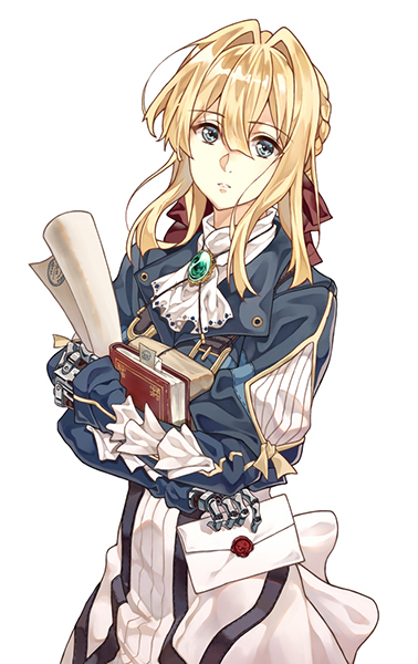 1girl blonde_hair blue_eyes book brooch cheese_kang dress envelope hair_intakes holding holding_book jewelry mechanical_arm violet_evergarden violet_evergarden_(character) wax_seal