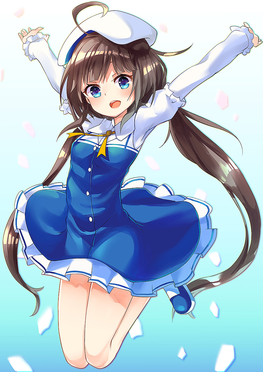 1girl :d arms_up beret blue_dress blue_eyes blue_footwear blush breasts brown_hair commentary_request dress frilled_dress frills full_body hat head_tilt highres hinatsuru_ai long_hair long_sleeves looking_at_viewer low_twintails mary_janes open_mouth oshishio outstretched_arms puffy_short_sleeves puffy_sleeves ryuuou_no_oshigoto! school_uniform shoes short_over_long_sleeves short_sleeves small_breasts smile socks solo twintails upper_teeth very_long_hair white_hat white_legwear yellow_neckwear