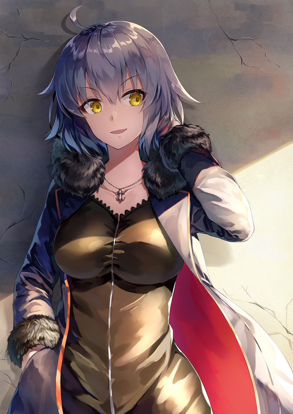 1girl :d against_wall age_difference bangs black_dress black_jacket breasts collarbone cowboy_shot cracked_wall day dress eyebrows_visible_through_hair fate/apocrypha fate_(series) fur-trimmed_sleeves fur_collar fur_trim hand_in_pocket highres jacket jeanne_d'arc_(alter)_(fate) jeanne_d'arc_(fate)_(all) jewelry large_breasts long_sleeves looking_at_viewer necklace nonono open_clothes open_jacket open_mouth pendant shiny shiny_hair short_hair silver_hair smile solo standing sunlight upper_body v-shaped_eyebrows yellow_eyes