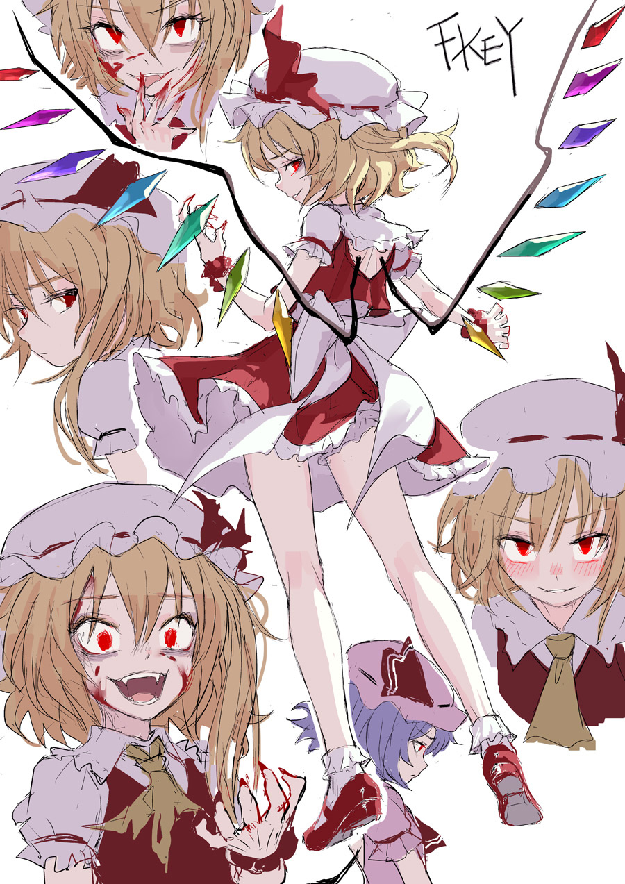 2girls artist_name ascot bare_legs blonde_hair blood blood_on_face blue_hair blush commentary_request expressions eyebrows_visible_through_hair fangs finger_licking fingernails fkey flandre_scarlet from_behind full_body grin hat hat_ribbon highres licking looking_at_viewer looking_back mary_janes mob_cap multiple_girls nail_polish open_mouth petticoat profile puffy_short_sleeves puffy_sleeves red_eyes red_footwear red_nails red_ribbon red_skirt red_vest remilia_scarlet ribbon sharp_fingernails shoes short_hair short_sleeves side_ponytail simple_background skirt smile socks standing touhou vest white_background white_legwear wings wrist_cuffs yellow_neckwear