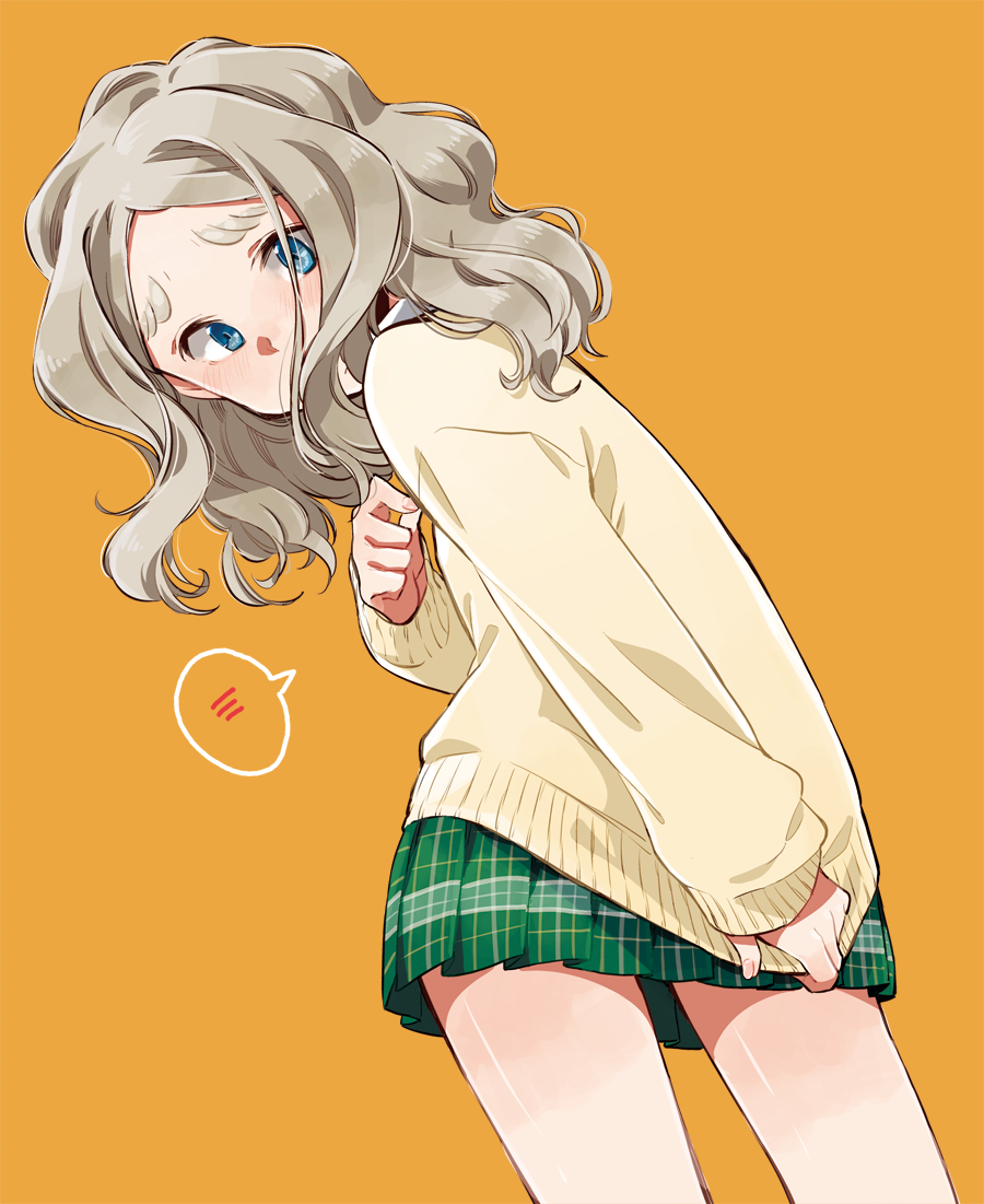 1girl blue_eyes chibikko_(morihito) green_skirt hair_over_mouth morihito oragne_background original plaid plaid_skirt shirt_hold skirt solo standing sweater thick_eyebrows wavy_hair