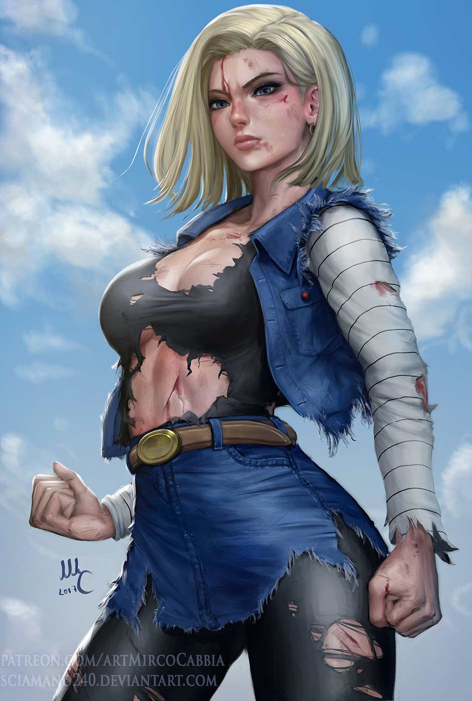 1girl android_18 black_legwear black_shirt blonde_hair blood blood_on_face blue_eyes breasts clenched_hands closed_mouth clouds commentary cowboy_shot cuts day denim dragon_ball dragonball_z earrings highres injury jewelry long_sleeves medium_breasts mirco_cabbia outdoors pantyhose revision shirt short_hair skirt sky solo torn_clothes torn_pantyhose torn_shirt watermark web_address