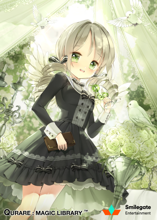 1girl angel_wings bird black_dress candle candlestand dove dress drill_hair green_eyes grey_hair long_hair looking_at_viewer official_art qurare_magic_library siloteddy solo standing white_flowers wings