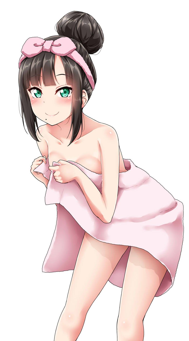 1girl aqua_eyes bangs black_hair blunt_bangs blush breasts collarbone commentary_request hair_bun hair_up hairband highres holding_towel kurosawa_dia leaning_forward looking_at_viewer love_live! love_live!_sunshine!! mole mole_under_mouth naked_towel pink_towel sidelocks simple_background small_breasts smile solo towel white_background yopparai_oni