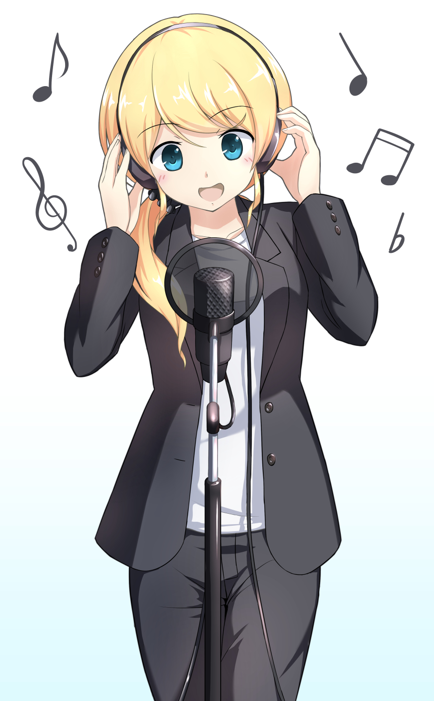 1girl :d beamed_semiquavers black_pants blonde_hair blue_eyes ellen_baker g_clef hands_on_headphones headphones highres kanimiso_(hotarunperopero) long_hair microphone musical_note new_horizon open_mouth pants ponytail pop_filter smile