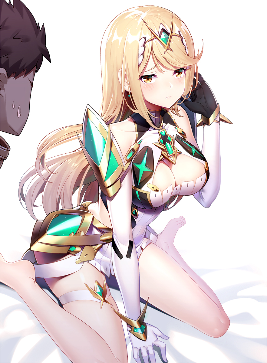 1boy 1girl arm_support arm_up bangs bare_legs bare_shoulders barefoot bed_sheet between_legs black_gloves blonde_hair blush breasts brown_hair cleavage cleavage_cutout closed_mouth commentary_request dress elbow_gloves gloves hair_ornament hand_between_legs highres mythra_(xenoblade) large_breasts long_hair looking_at_viewer ririko_(zhuoyandesailaer) sidelocks sitting solo_focus sweat thigh_strap very_long_hair wariza white_background white_dress white_gloves xenoblade_2 yellow_eyes