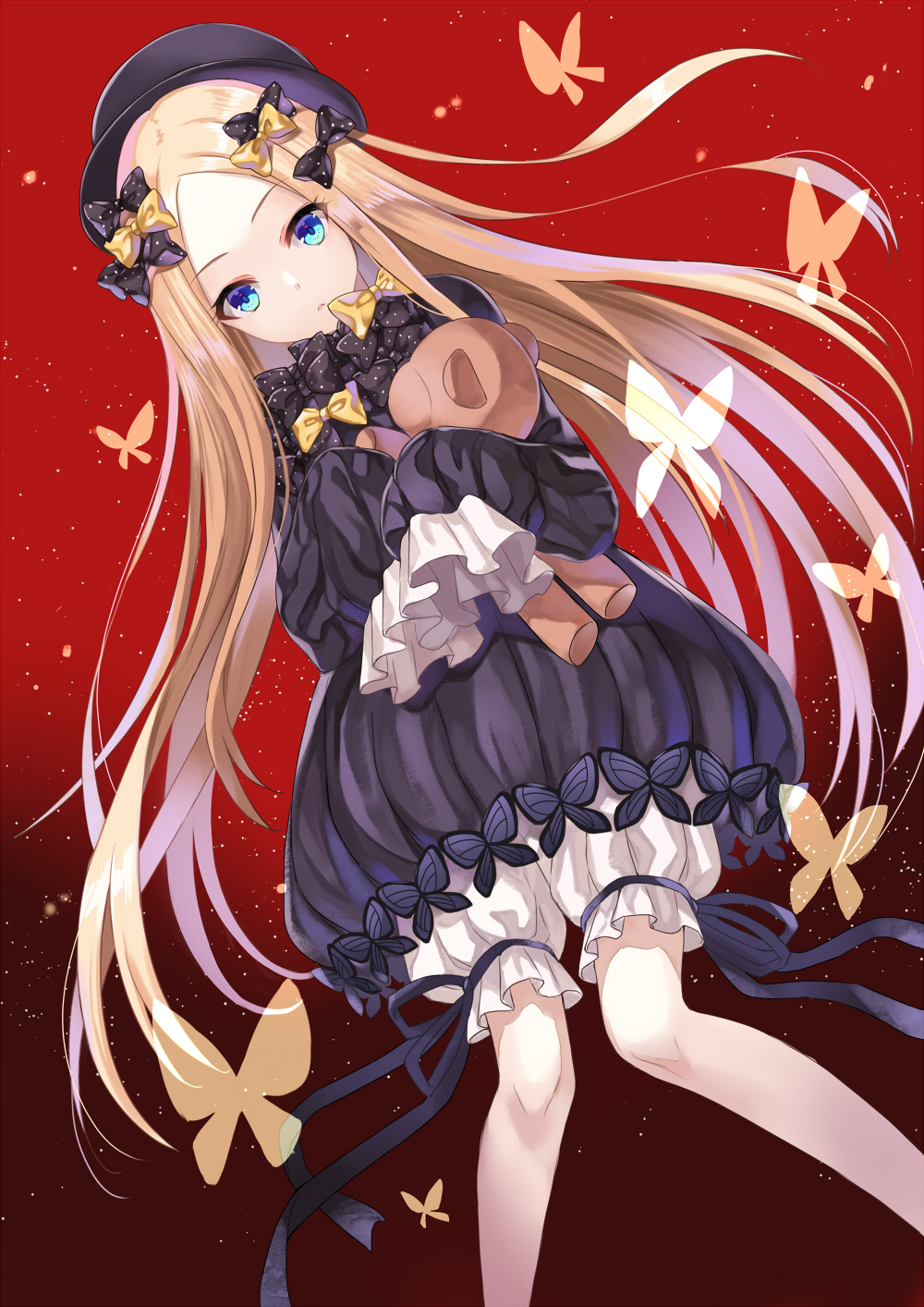 1girl abigail_williams_(fate/grand_order) bangs black_bow black_dress black_hat blonde_hair bloomers blue_eyes bow butterfly dress eyebrows_visible_through_hair fate/grand_order fate_(series) forehead hair_bow harimoji hat head_tilt highres long_hair long_sleeves looking_at_viewer object_hug orange_bow parted_bangs parted_lips polka_dot polka_dot_bow red_background sleeves_past_fingers sleeves_past_wrists solo stuffed_animal stuffed_toy teddy_bear underwear very_long_hair white_bloomers