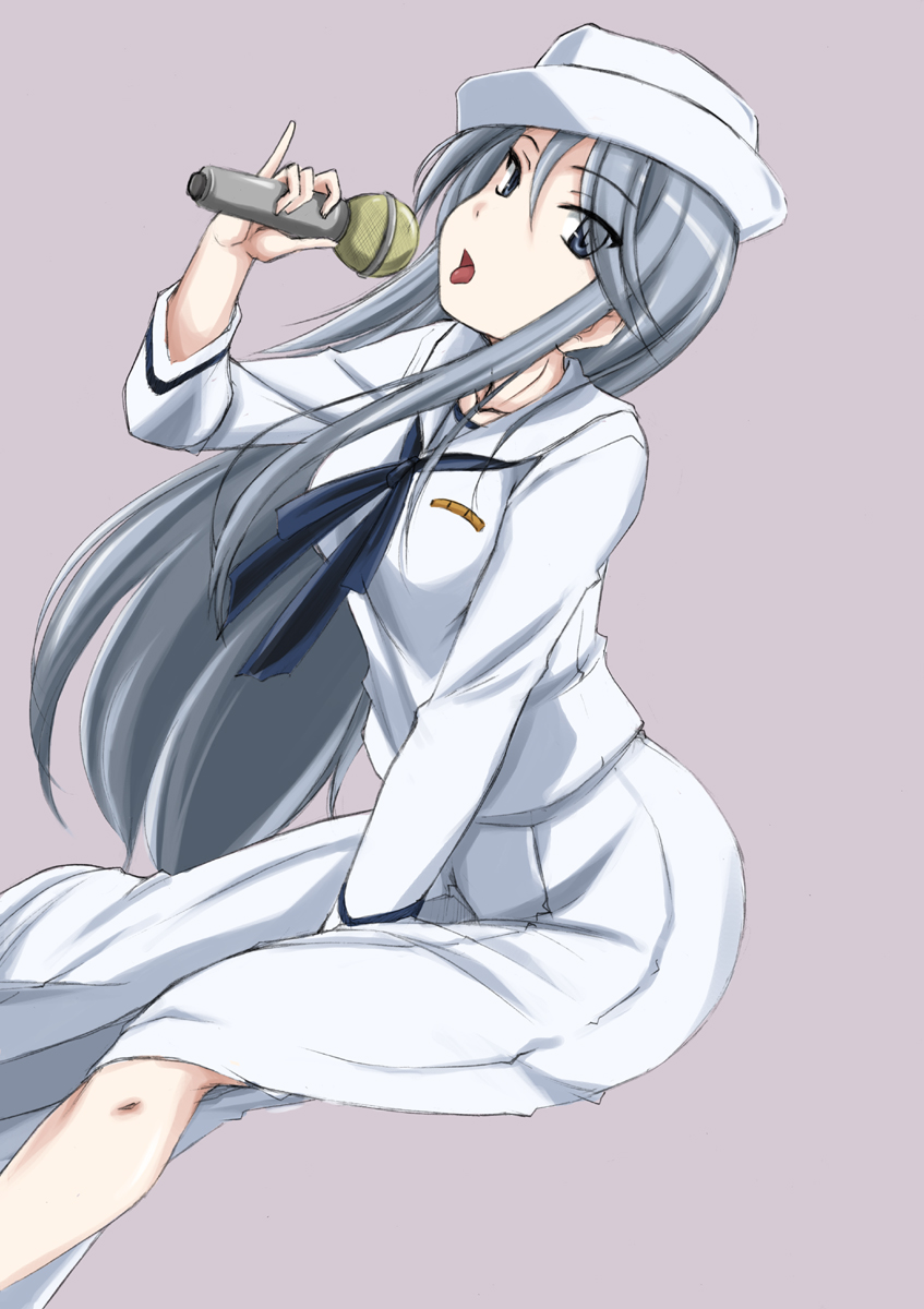 1girl between_legs blouse blue_neckwear dixie_cup_hat dutch_angle eyebrows_visible_through_hair eyes_visible_through_hair flint_(girls_und_panzer) girls_und_panzer grey_background grey_eyes grey_hair hand_between_legs hat highres holding holding_microphone leaning_forward long_hair long_sleeves looking_at_viewer microphone military_hat music neckerchief ooarai_naval_school_uniform open_mouth pinky_out pleated_skirt sailor sailor_collar school_uniform side_slit simple_background singing skirt solo standing wan'yan_aguda white_blouse white_hat white_skirt