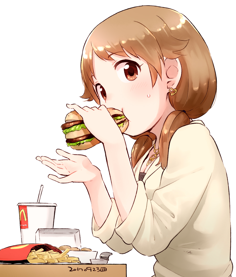 1girl blush breasts brown_eyes brown_hair chicken_nuggets cleavage drinking_straw earrings eating eyebrows_visible_through_hair eyelashes food french_fries from_side hamburger heart heart_earrings heart_necklace idolmaster idolmaster_cinderella_girls jewelry katagiri_sanae looking_at_viewer low_twintails mcdonald's medium_hair nagian necklace sauce simple_background soda_cup solo sweatdrop sweater table twintails upper_body white_background yellow_sweater