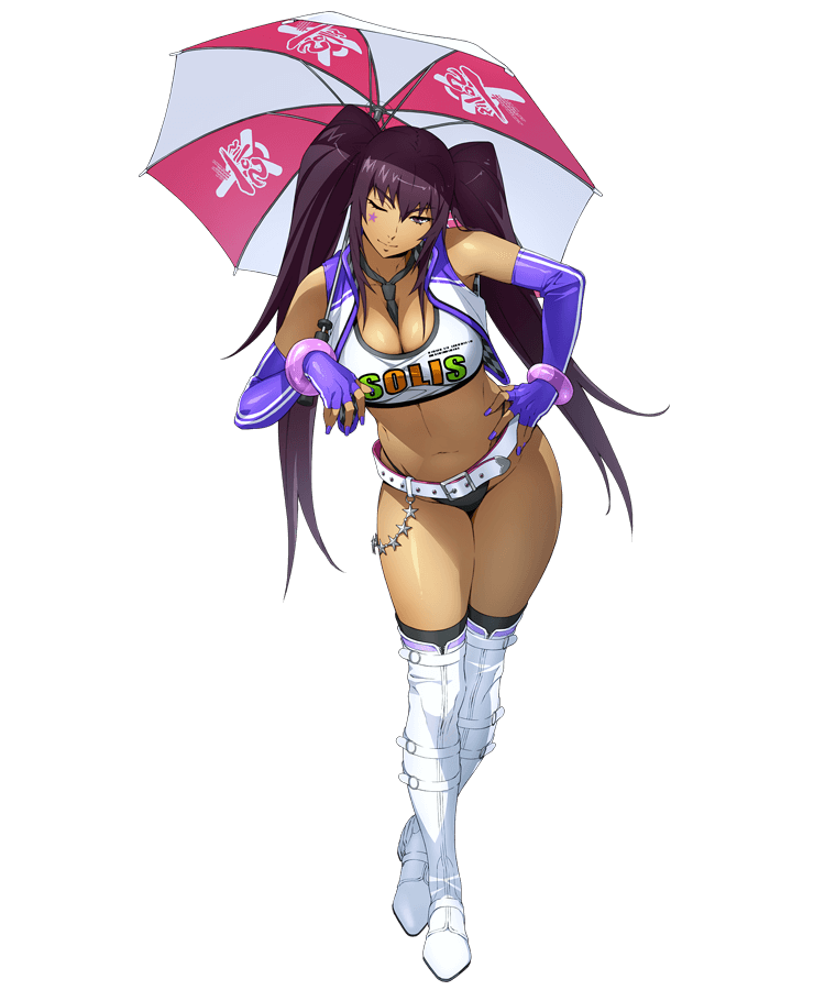 1girl amanomiya_ayame beltskirt between_breasts black_panties blue_gloves boots bracelet breasts brown_eyes cleavage clothes_writing cropped_jacket dark_skin facial_tattoo fingerless_gloves full_body gloves hand_on_hip holding holding_umbrella jacket jewelry long_hair looking_at_viewer nail_polish necktie one_eye_closed open_clothes open_jacket panties purple_hair sleeveless_jacket solo sports_bra star_tattoo super_robot_wars super_robot_wars_x-omega tattoo thigh-highs thigh_boots transparent_background twintails umbrella underwear watanabe_wataru white_legwear