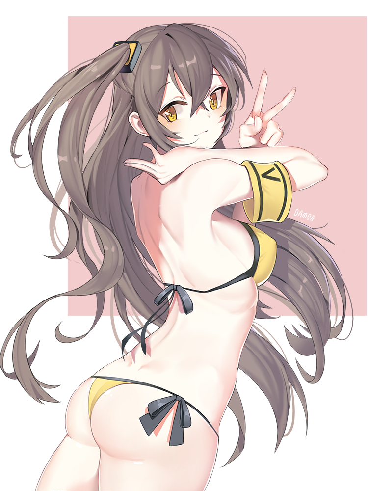 1girl :3 arm_up armband armpits artist_name ass bangs bare_legs bare_shoulders bikini blush breasts bright_pupils brown_hair closed_mouth cowboy_shot crossed_bangs damda eyebrows_visible_through_hair floating_hair from_behind from_side girls_frontline hair_between_eyes hair_ornament hip_bones long_hair looking_at_viewer looking_back medium_breasts one_side_up outside_border ribs shiny shiny_skin shoulder_blades side-tie_bikini side_ponytail sideboob sidelocks simple_background skindentation smile solo standing swimsuit ump45_(girls_frontline) v very_long_hair white_pupils yellow_bikini yellow_eyes