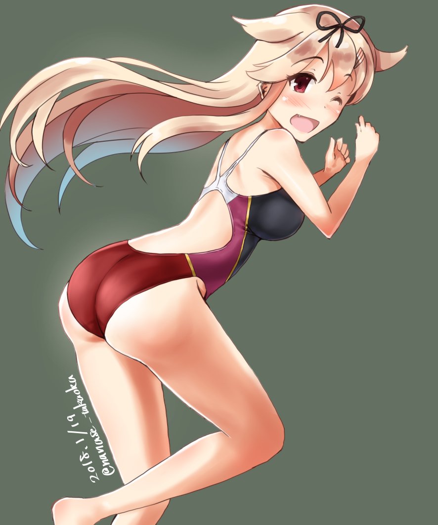 1girl alternate_costume ass blonde_hair competition_swimsuit cowboy_shot dated fang from_behind grey_background hair_flaps hair_ornament hairclip kantai_collection long_hair looking_at_viewer one-piece_swimsuit open_mouth red_eyes red_swimsuit remodel_(kantai_collection) simple_background smile solo swimsuit takaoka_nanase twitter_username yuudachi_(kantai_collection)