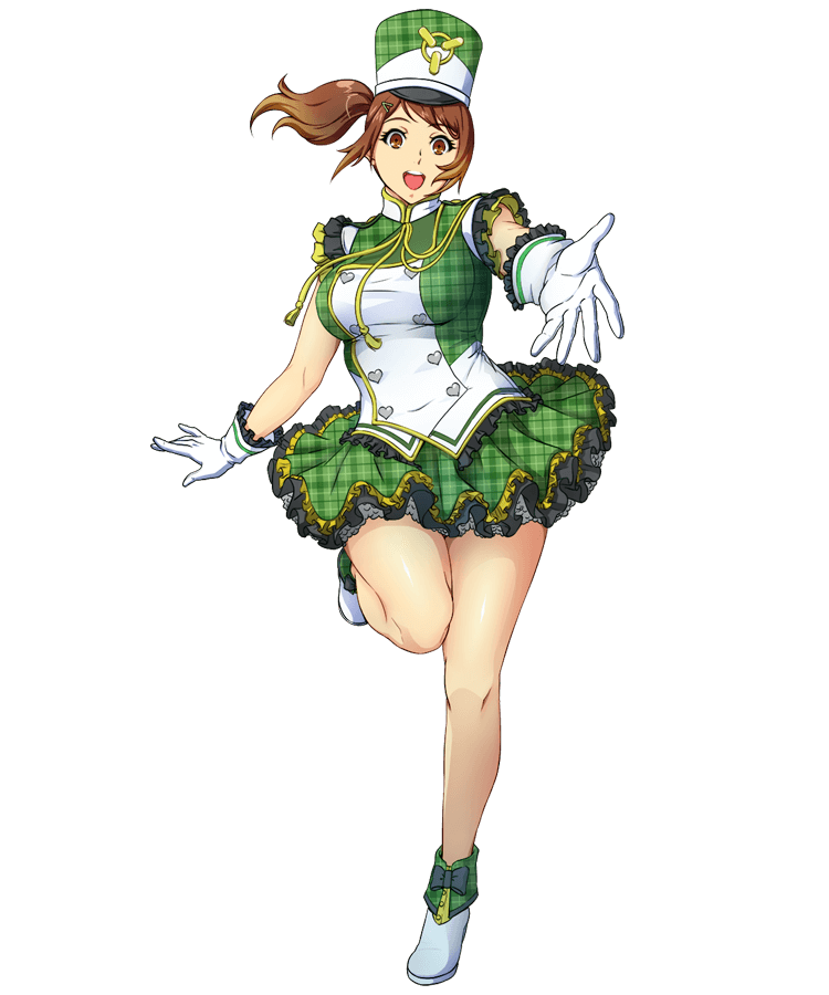 1girl brown_eyes brown_hair dress floating_hair full_body gloves hair_ornament hairclip hat leg_up looking_at_viewer official_art olive_oppert open_mouth outstretched_arm plaid plaid_dress side_ponytail solo super_robot_wars super_robot_wars_x-omega transparent_background upper_teeth watanabe_wataru white_gloves