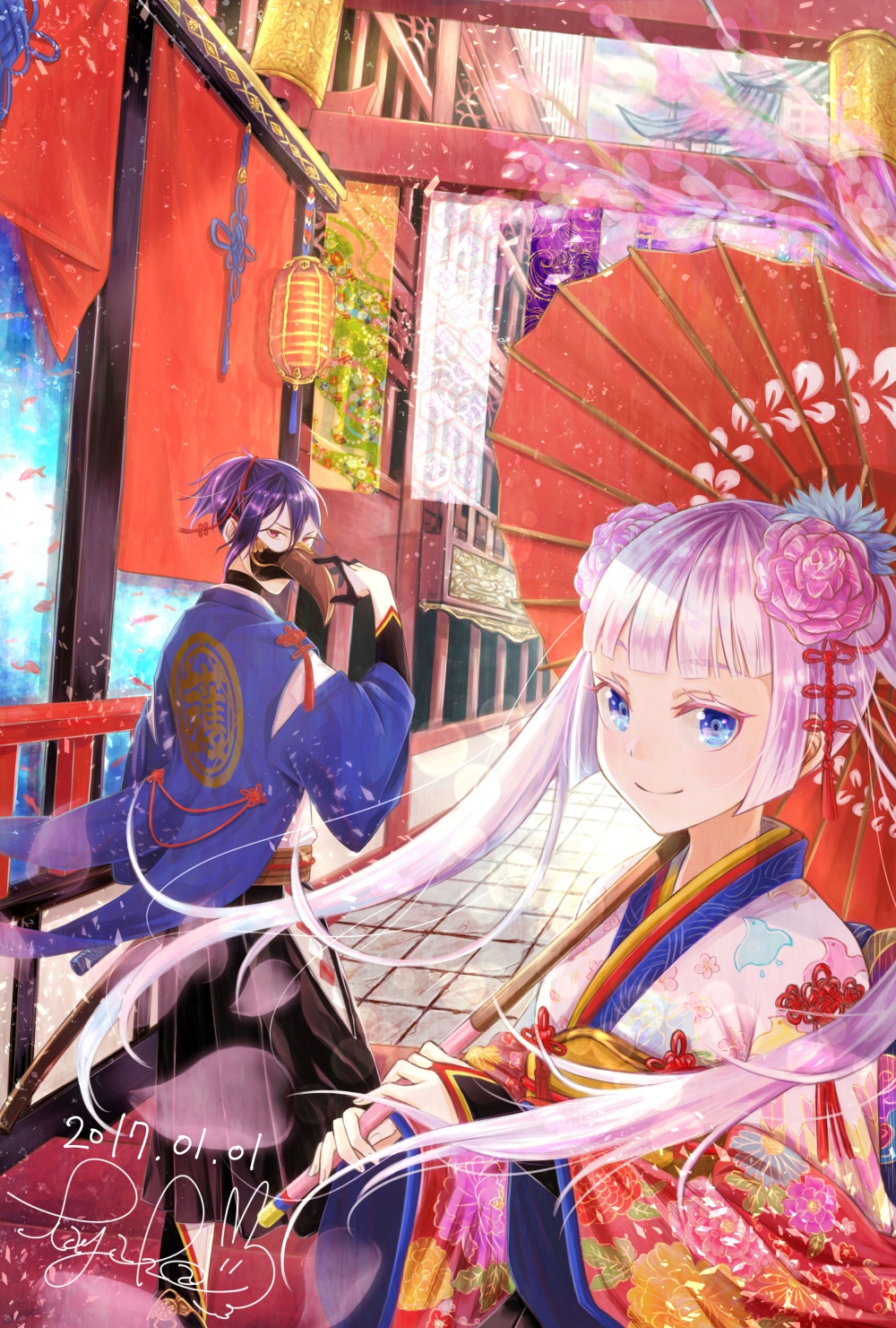 1boy 1girl architecture bangs blue_eyes blunt_bangs dated east_asian_architecture floral_print flower hair_flower hair_ornament highres lantern long_hair looking_at_viewer mask nengajou new_year original outdoors over_shoulder paper_lantern para_sitism parasol purple_hair red_eyes smile twintails umbrella white_hair