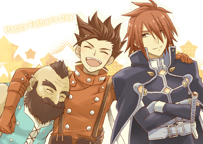 3boys beard belt brown_hair closed_eyes closed_mouth crossed_arms dirk_(tales) facial_hair father's_day gloves happy kratos_aurion lloyd_irving male_focus multiple_boys open_mouth red_eyes red_gloves red_shirt redhead saklo shirt smile spiky_hair spoilers tales_of_(series) tales_of_symphonia upper_body