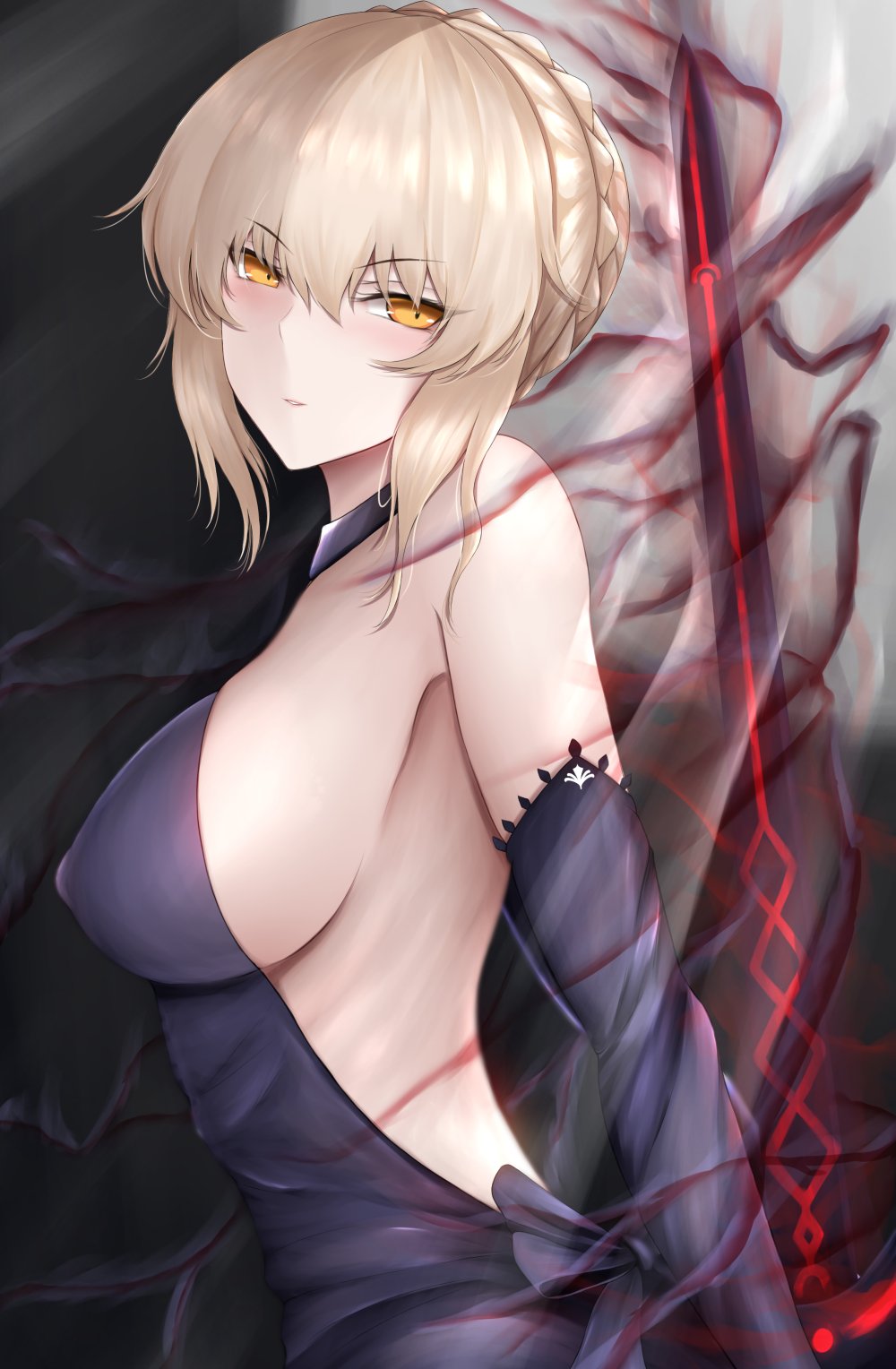 1girl artoria_pendragon_(all) bangs bare_shoulders black_dress blonde_hair braid breasts commentary_request dark_excalibur detached_sleeves dress erect_nipples erect_nipples_under_clothes eyebrows_visible_through_hair fate/grand_order fate/stay_night fate_(series) french_braid gothic_lolita hair_between_eyes hair_bun highres holding holding_sword holding_weapon isawo_(lucanus19) lolita_fashion looking_at_viewer saber_alter sideboob sidelocks sword weapon yellow_eyes