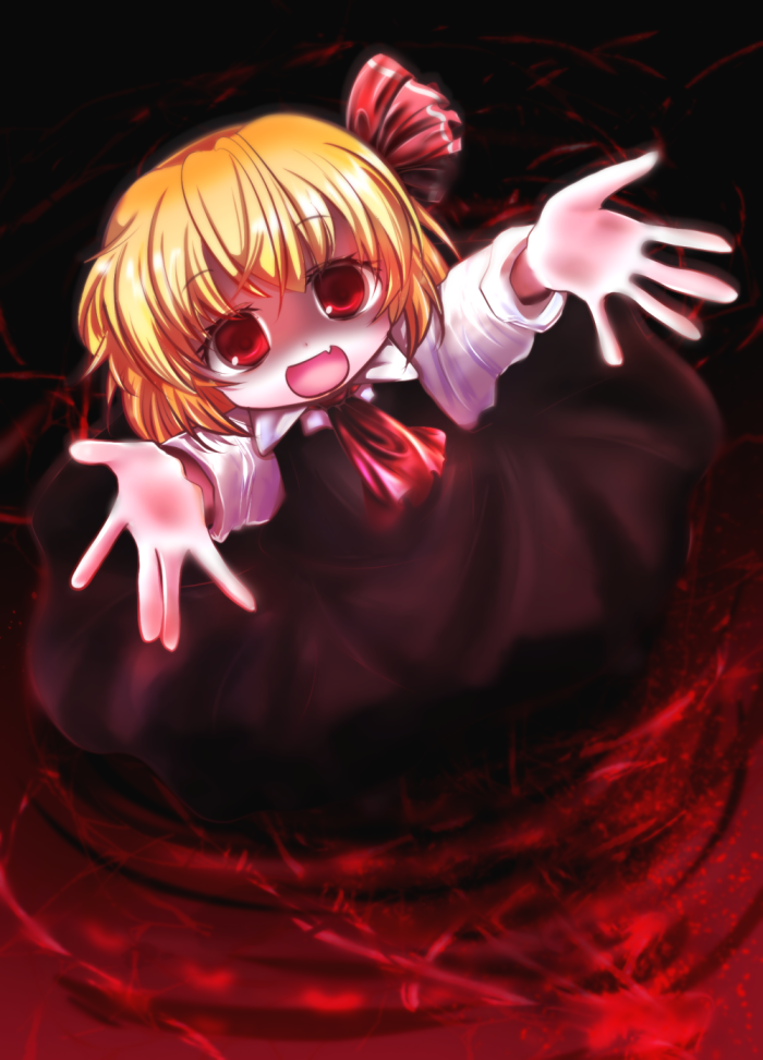 1girl ambiguous_red_liquid black_background black_skirt blonde_hair cravat dress_shirt eyelashes fang foreshortening gradient gradient_background hair_ribbon long_sleeves looking_at_viewer open_hands open_mouth outstretched_arms reaching_out red_eyes red_neckwear ribbon ripples rumia shaded_face shirt short_hair skirt solo touhou tsukiori_sasa waistcoat