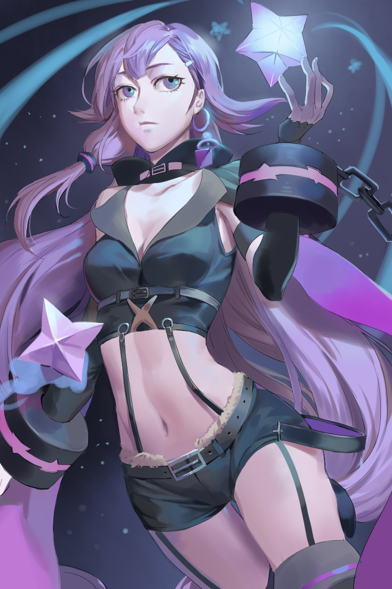 1girl 791_(meiyuewudi) absurdly_long_hair belt black_legwear breasts cleavage collarbone earrings eyebrows forever_7th_capital garter_straps hair_ornament hairclip highres jewelry long_hair looking_away medium_breasts navel purple_hair solo thigh-highs very_long_hair violet_eyes