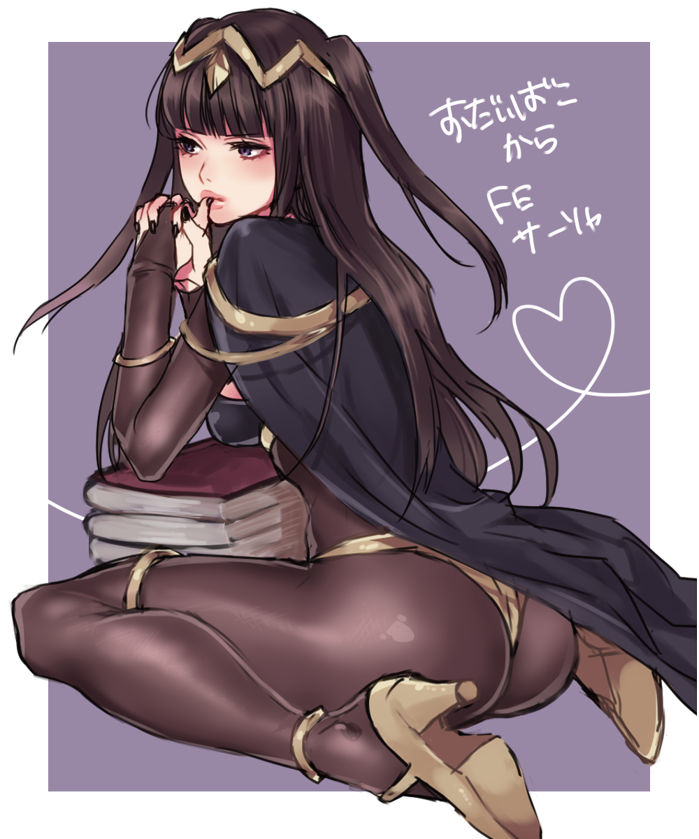 1girl ass bangs black_hair blunt_bangs blush bodystocking bracelet breasts bridal_gauntlets cape circlet fire_emblem fire_emblem:_kakusei grey_eyes hifumi_(art_sky_littel) highres jewelry long_hair medium_breasts sitting solo tharja tiara two_side_up