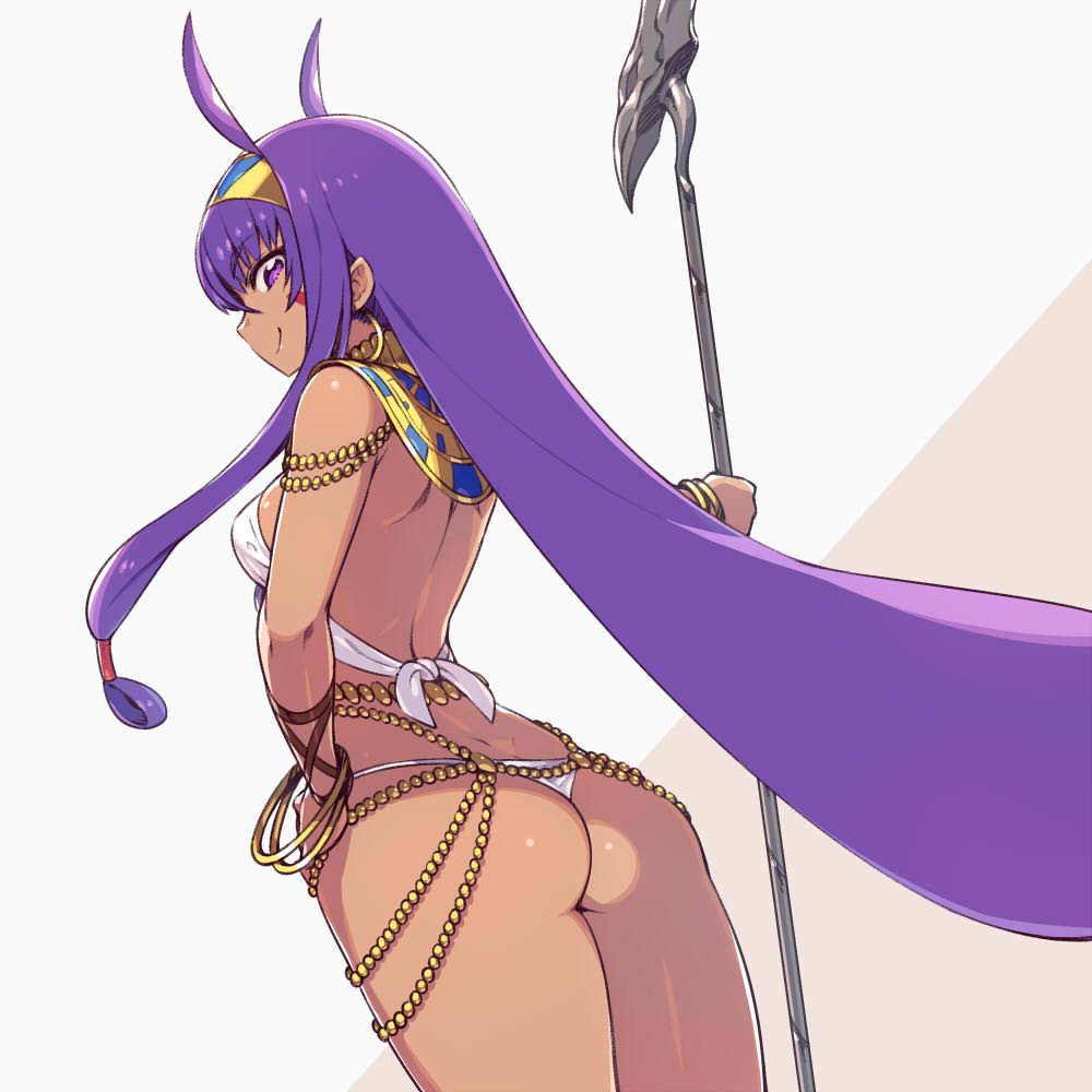 1girl animal_ears ass back bare_shoulders bra bracelet chan_co closed_mouth collar cowboy_shot earrings facial_mark fate/grand_order fate_(series) from_behind hair_tubes hand_on_hip headband holding hoop_earrings jewelry long_hair looking_at_viewer looking_back nitocris_(fate/grand_order) panties purple_hair sideways_mouth smile solo staff standing underwear very_long_hair violet_eyes white_bra white_panties