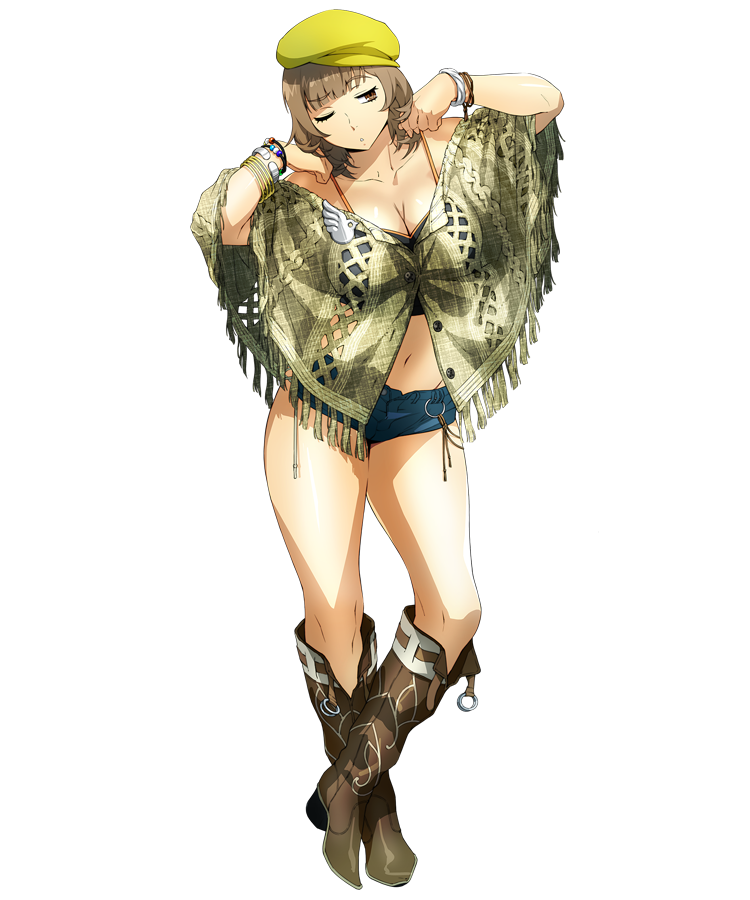 1girl arms_up boots bracelet breasts brown_eyes brown_hair cleavage cowboy_boots eyebrows_visible_through_hair fringe full_body hat jewelry katrina_company large_breasts midriff navel official_art short_hair short_shorts shorts solo standing super_robot_wars super_robot_wars_x-omega tank_top watanabe_wataru