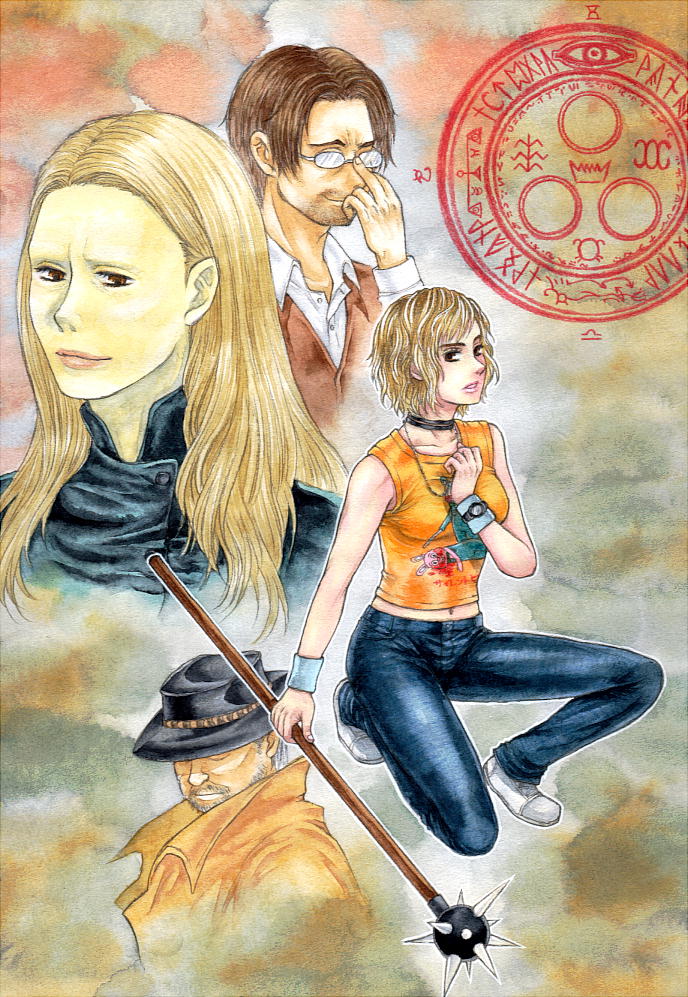 breasts commentary_request denim jeans kikimimi_612 long_hair marker_(medium) multiple_boys multiple_girls pants short_hair silent_hill traditional_media watercolor_(medium)